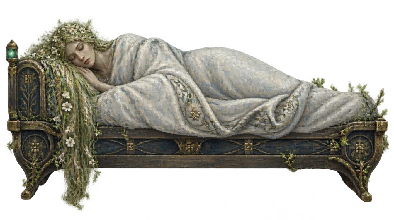 Vesna, dewi musim semi, tidur miring di atas usungan kayu, rambutnya menumbuhkan bunga kecil